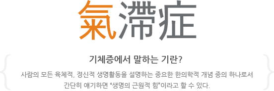 氣滯症 기체증에서 말하는 기란?  사람의 모든 육체적, 정신적 생명활동을 설명하는 중요한 한의학적 개념 중의 하나로서간단히 얘기하면 “생명의 근원적 힘”이라고 할 수 있다.